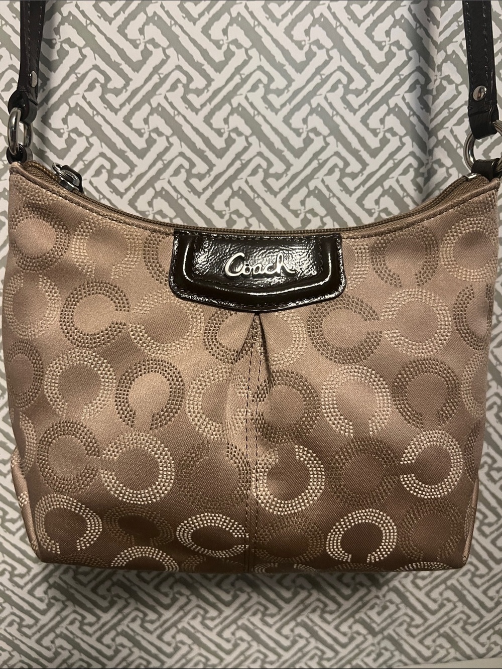 Coach Ashley Op C Jacquard Shoulder Bag with Dark Brown patent leather Trim